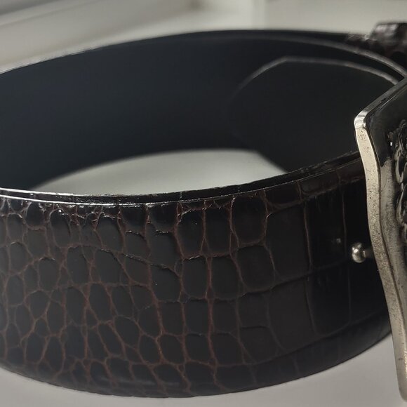 Sandy Duftler Brown Leather Skin Tapered Vintage Silver Buckle Belt 45\